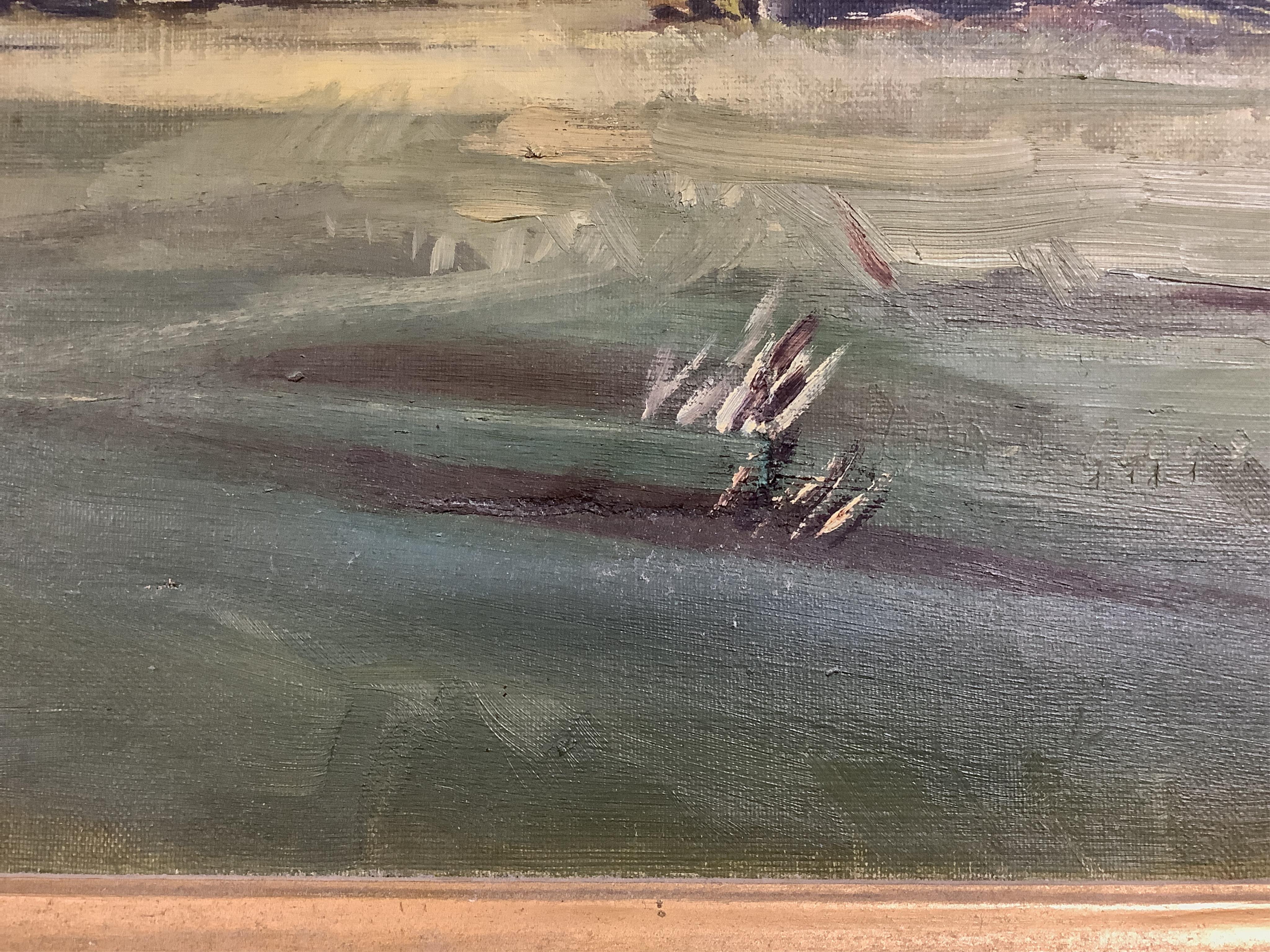 Frank Wootton (1911-1998), military interest oil on canvas, ‘Day Break’, signed, War Artists Comittee label verso, 59 x 75cm. Condition - rip to sky area of the canvas